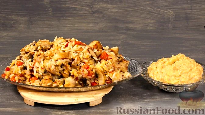 Манговий соус і блюдо з ним: рис з грибами та карбонадом