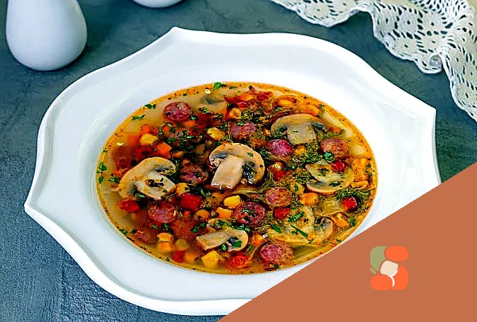 Суп з грибами, солодким перцем, кукурудзою та копченими ковбасками.